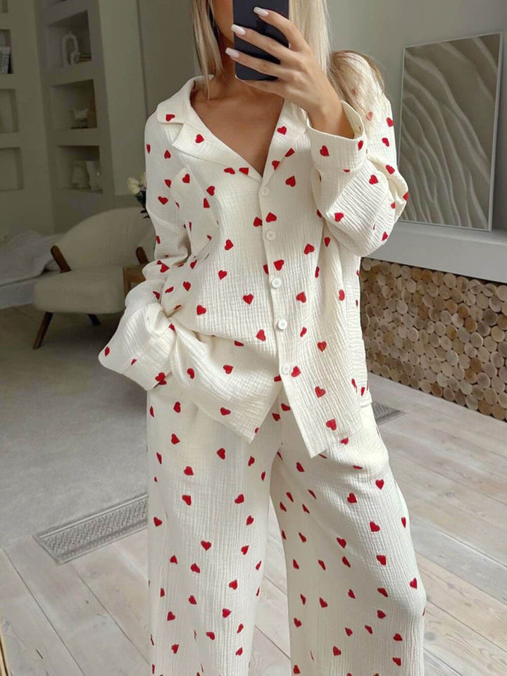 Women's Heart-Print Knit Button-Down Pajama Set