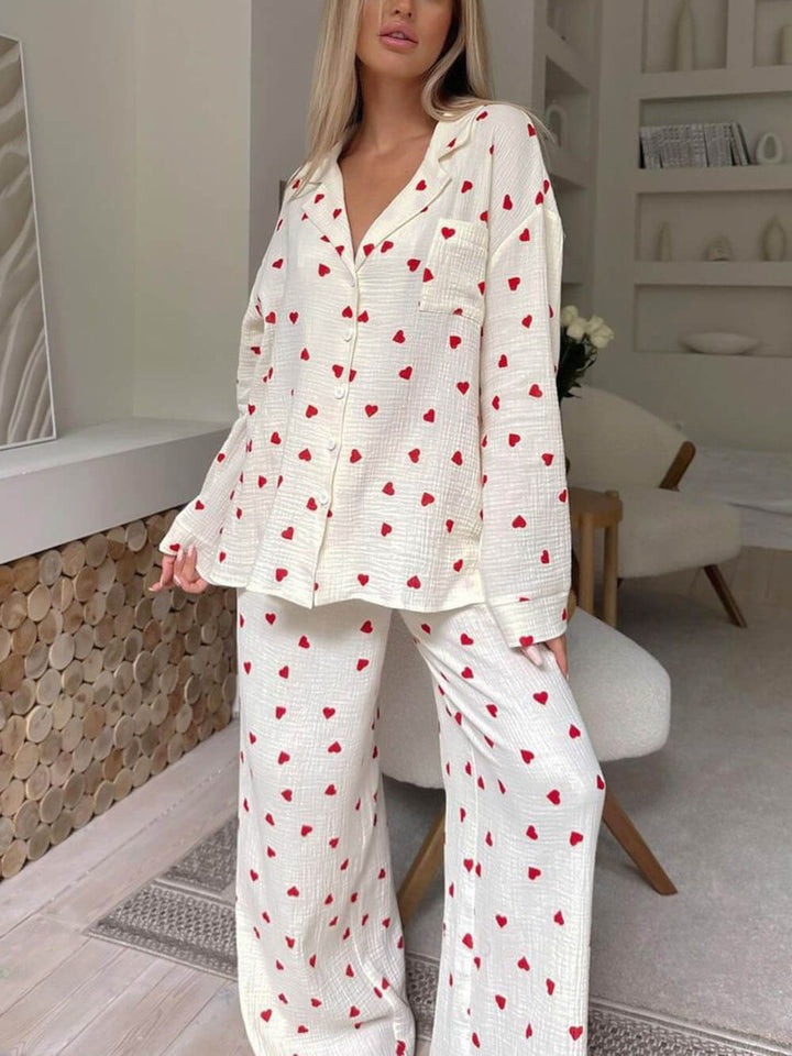 Women's Heart-Print Knit Button-Down Pajama Set