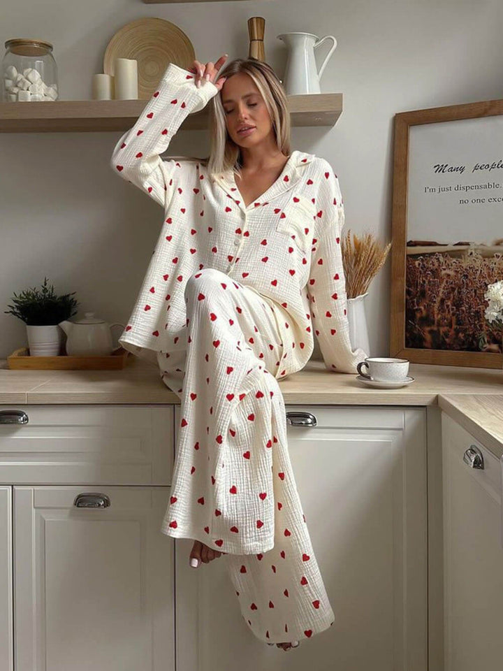 Women's Heart-Print Knit Button-Down Pajama Set