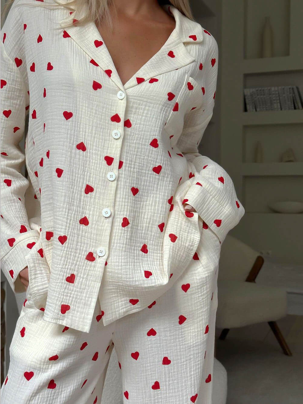 Women's Heart-Print Knit Button-Down Pajama Set