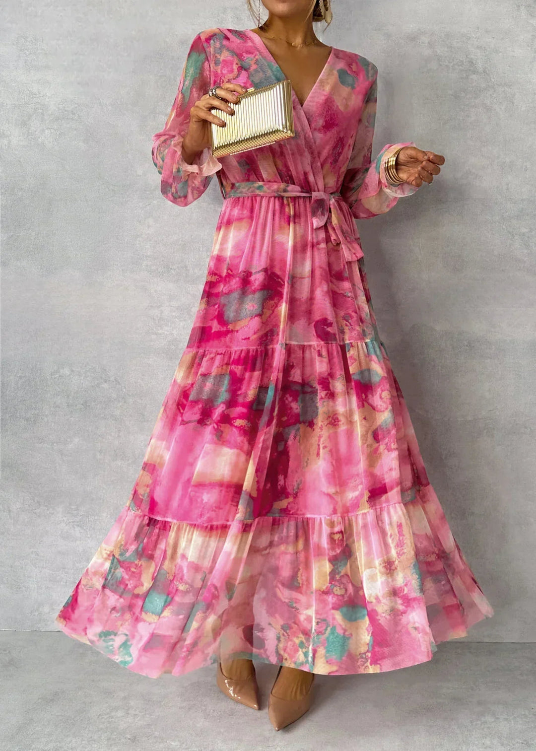 Robe longue maxi fleurie pour femme, en mousseline, à manches longues, col en V et coupe portefeuille, à volants superposés