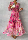 Robe longue maxi fleurie pour femme, en mousseline, à manches longues, col en V et coupe portefeuille, à volants superposés