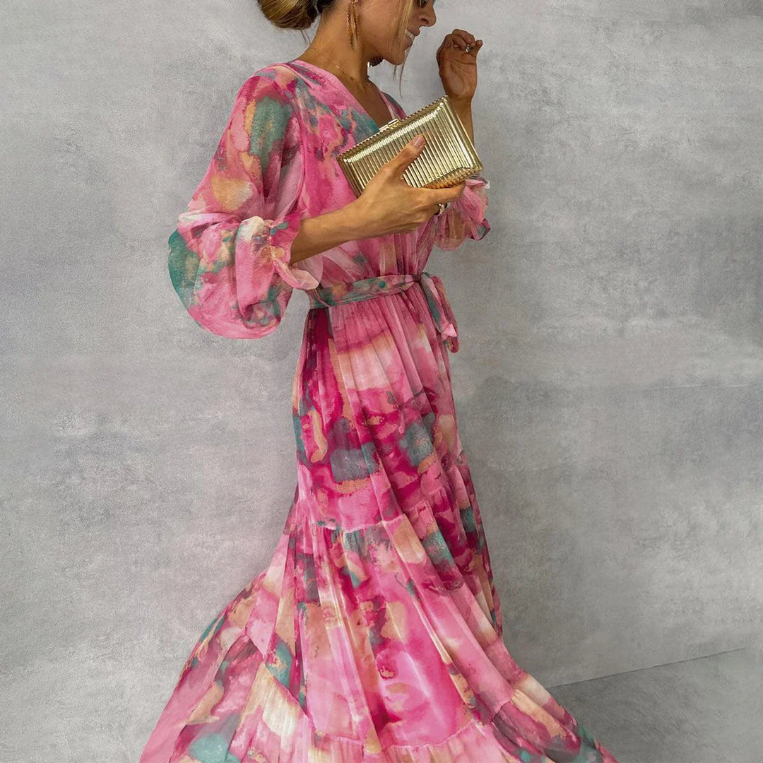 Robe longue maxi fleurie pour femme, en mousseline, à manches longues, col en V et coupe portefeuille, à volants superposés
