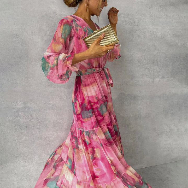 Robe longue maxi fleurie pour femme, en mousseline, à manches longues, col en V et coupe portefeuille, à volants superposés