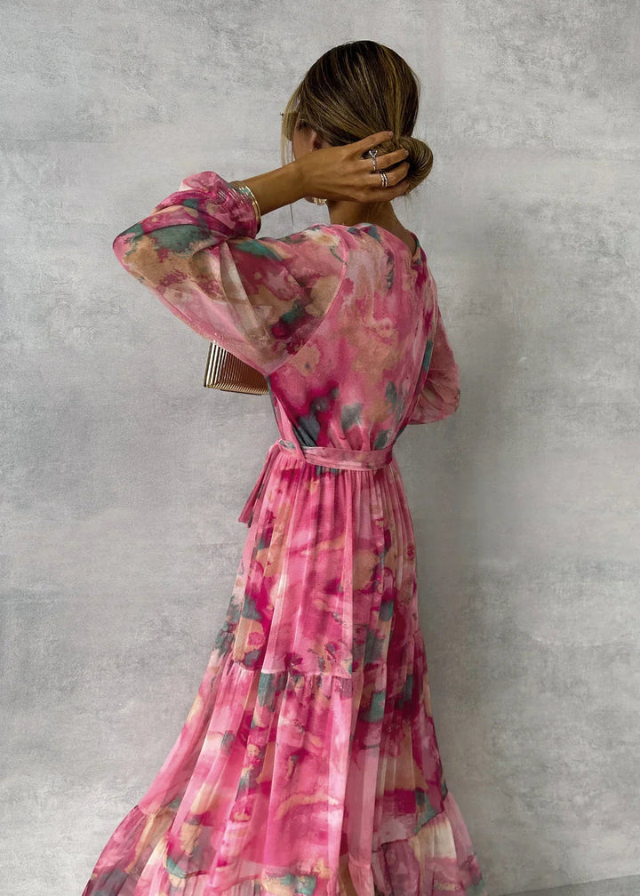 Robe longue maxi fleurie pour femme, en mousseline, à manches longues, col en V et coupe portefeuille, à volants superposés