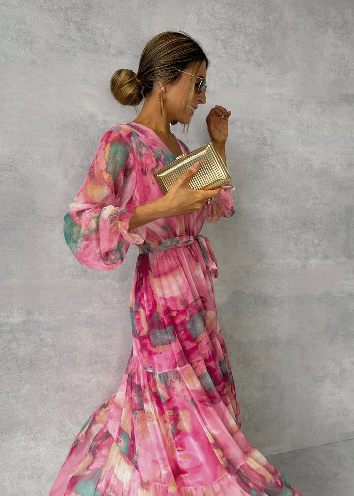 Robe longue maxi fleurie pour femme, en mousseline, à manches longues, col en V et coupe portefeuille, à volants superposés