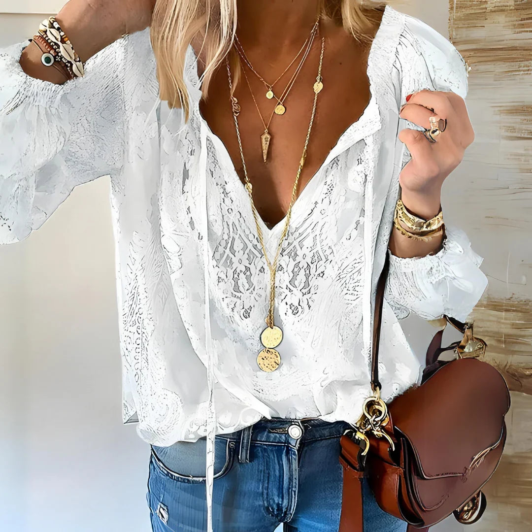 Women's Linen V-Neck Blouse Long Sleeve Boho Top Shirt