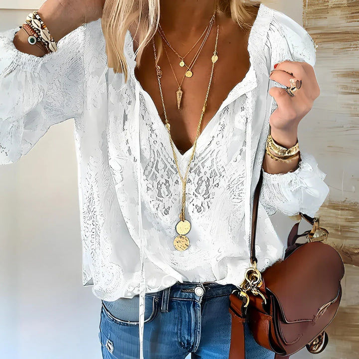 Women's Linen V-Neck Blouse Long Sleeve Boho Top Shirt