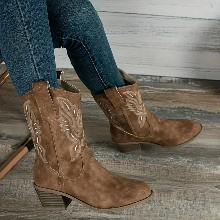 Women's Leather Performance Mid-Calf Embroidered Western Boots