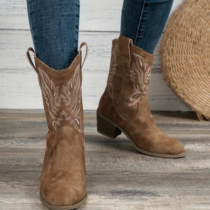 Women's Leather Performance Mid-Calf Embroidered Western Boots