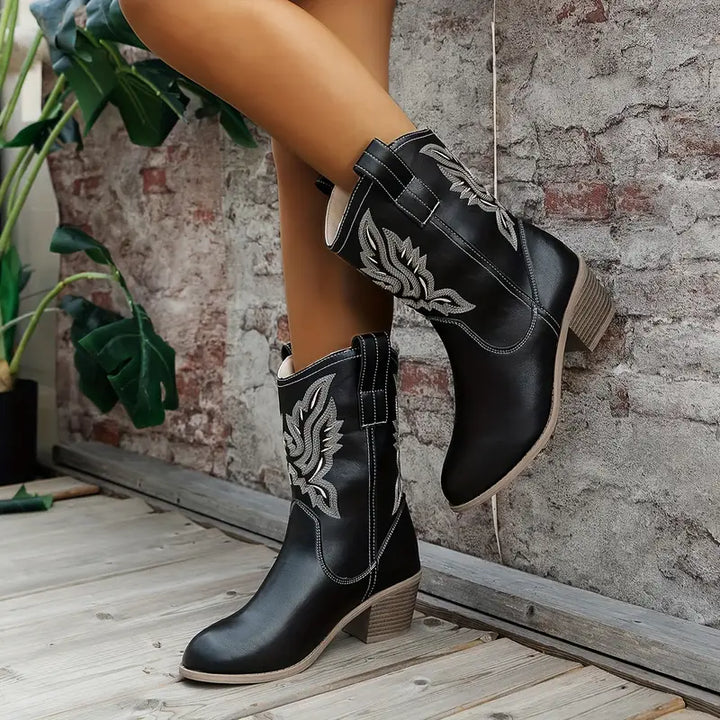 Women's Leather Performance Mid-Calf Embroidered Western Boots