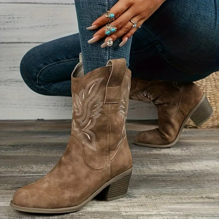 Women's Leather Performance Mid-Calf Embroidered Western Boots