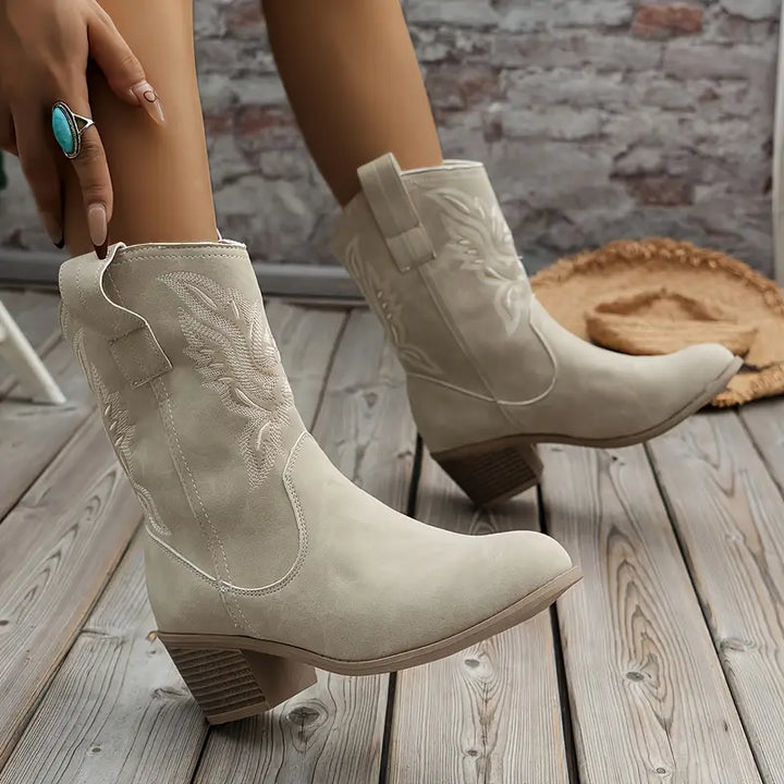 Women's Leather Performance Mid-Calf Embroidered Western Boots