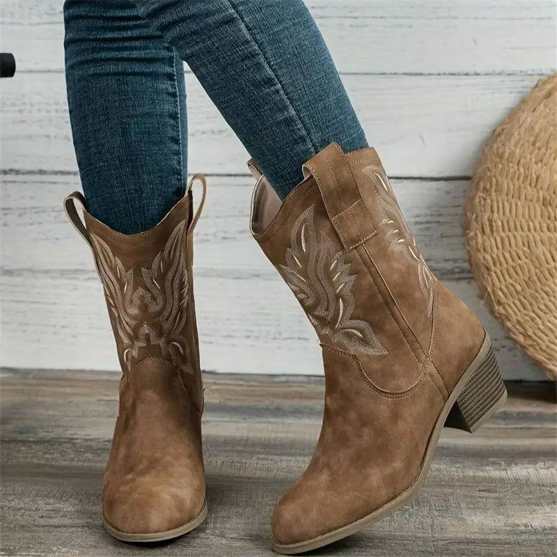 Women's Leather Performance Mid-Calf Embroidered Western Boots