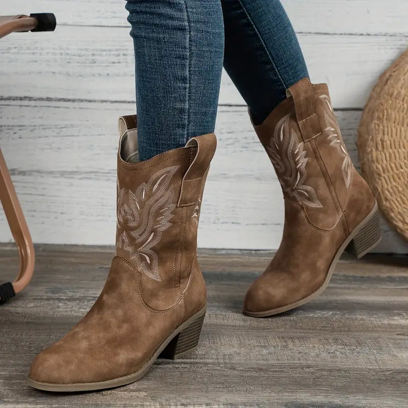 Women's Leather Performance Mid-Calf Embroidered Western Boots