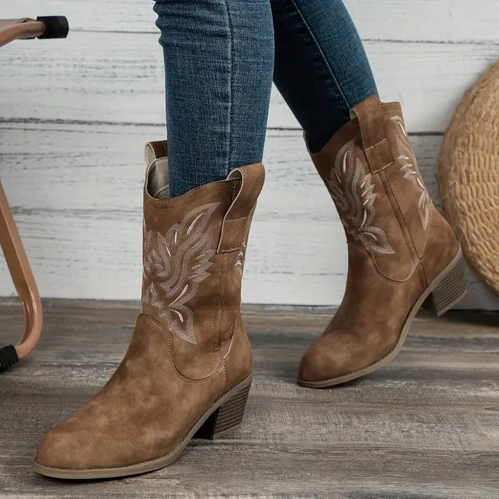 Women's Leather Performance Mid-Calf Embroidered Western Boots
