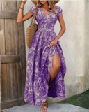 Robe maxi en lin pour femme à manches courtes, col en V, imprimé floral bohème