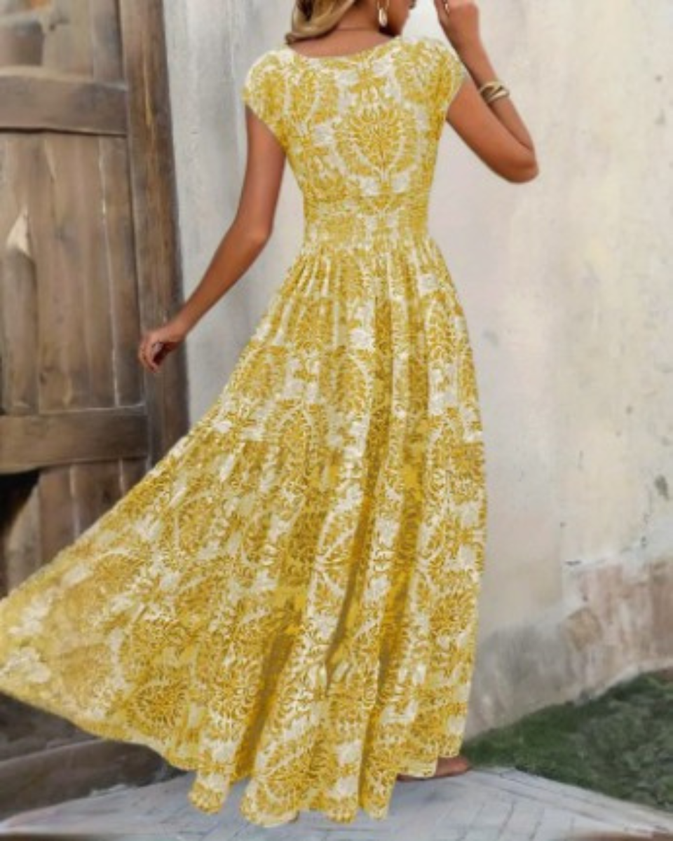 Robe maxi en lin pour femme à manches courtes, col en V, imprimé floral bohème
