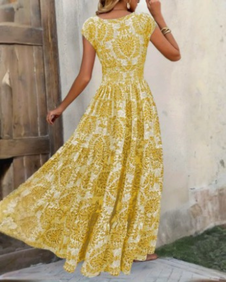 Robe maxi en lin pour femme à manches courtes, col en V, imprimé floral bohème