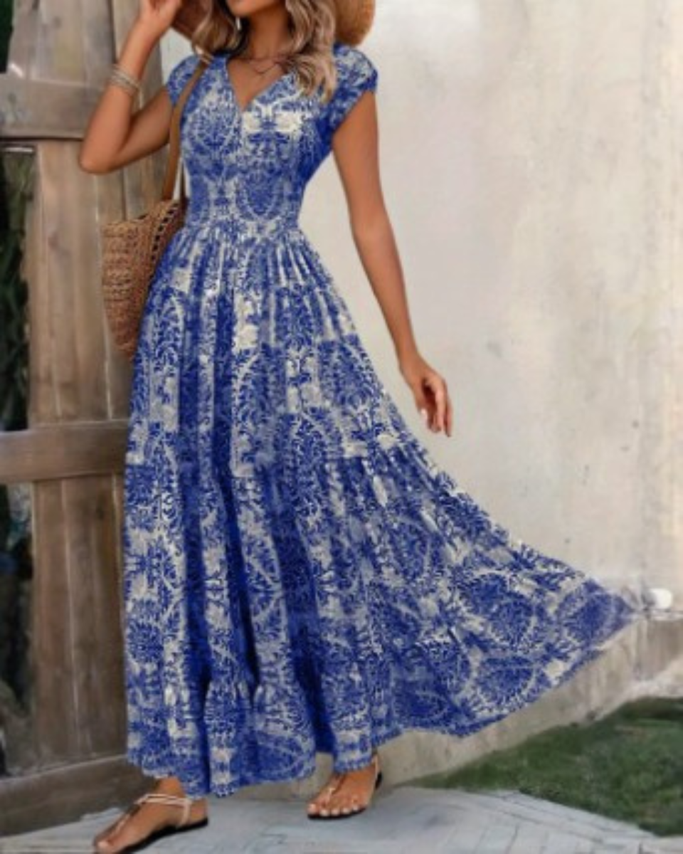 Robe maxi en lin pour femme à manches courtes, col en V, imprimé floral bohème