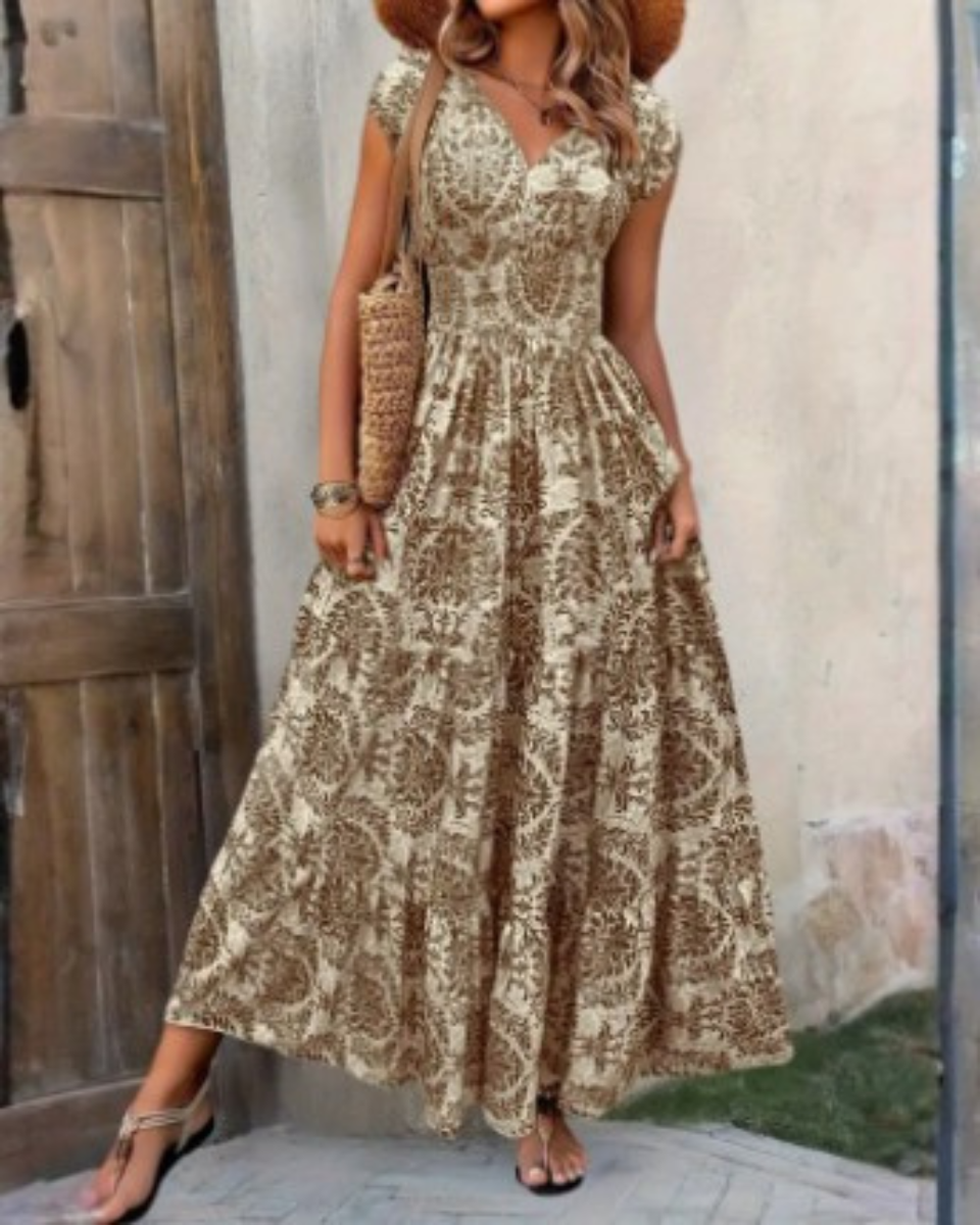 Robe maxi en lin pour femme à manches courtes, col en V, imprimé floral bohème