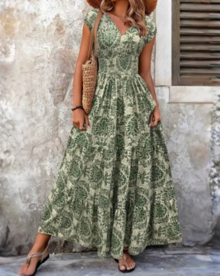 Robe maxi en lin pour femme à manches courtes, col en V, imprimé floral bohème