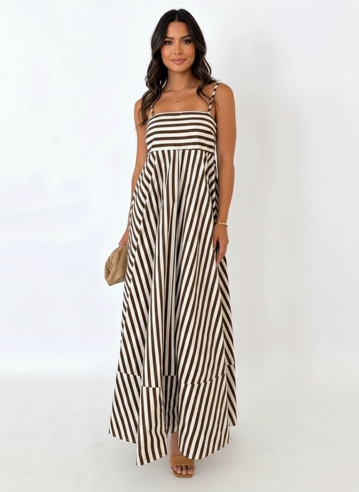 Women's Linen Striped Maxi Sundress Camisole Casual Dress