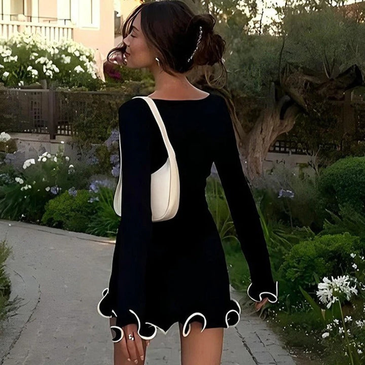 Women's Knit Boat-Neck Long Sleeve Ruffle Mini Dress