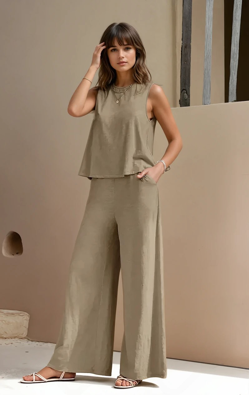 Ensemble deux pièces pour femme en mélange de lin, avec débardeur sans manches et pantalon à jambes larges