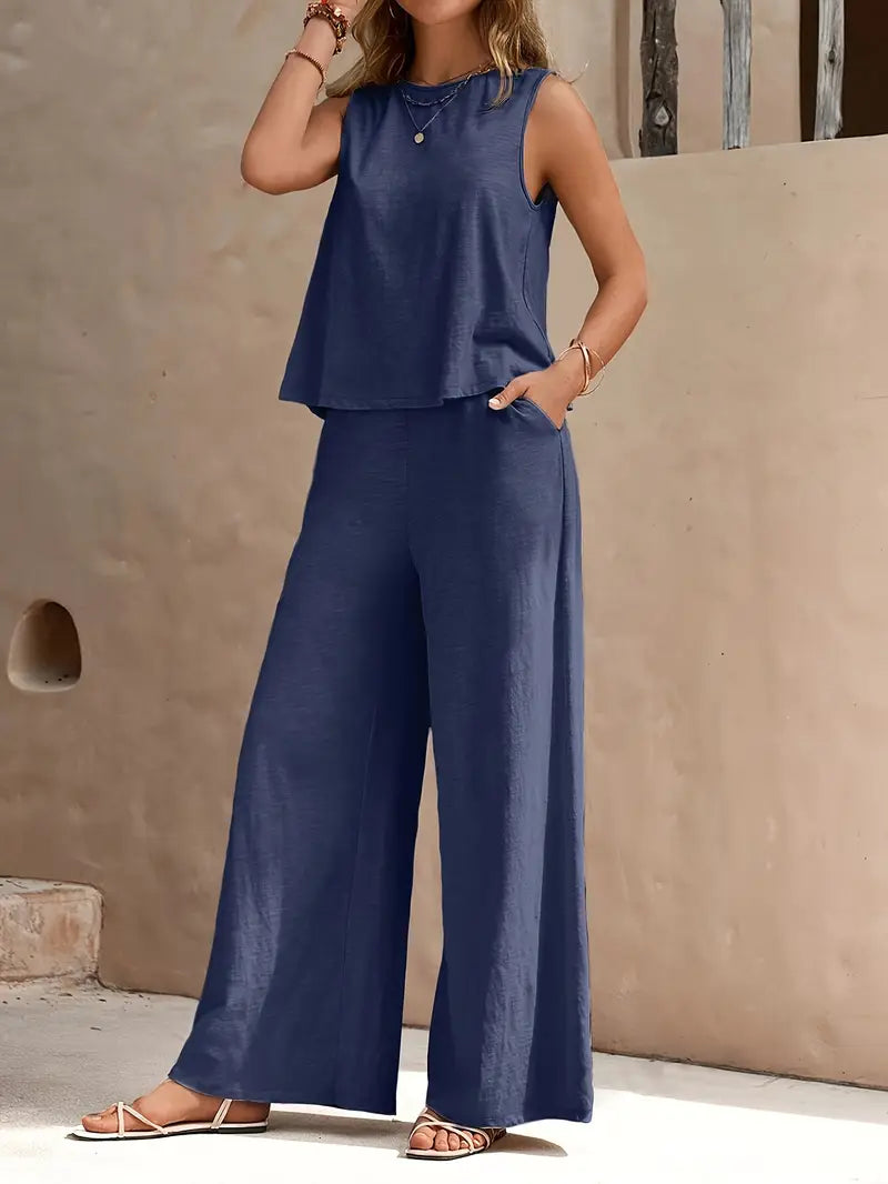 Ensemble deux pièces pour femme en mélange de lin, avec débardeur sans manches et pantalon à jambes larges
