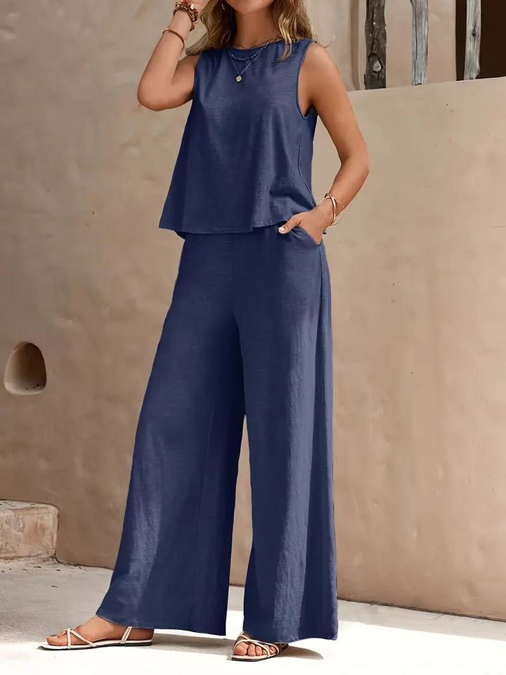 Ensemble deux pièces pour femme en mélange de lin, avec débardeur sans manches et pantalon à jambes larges