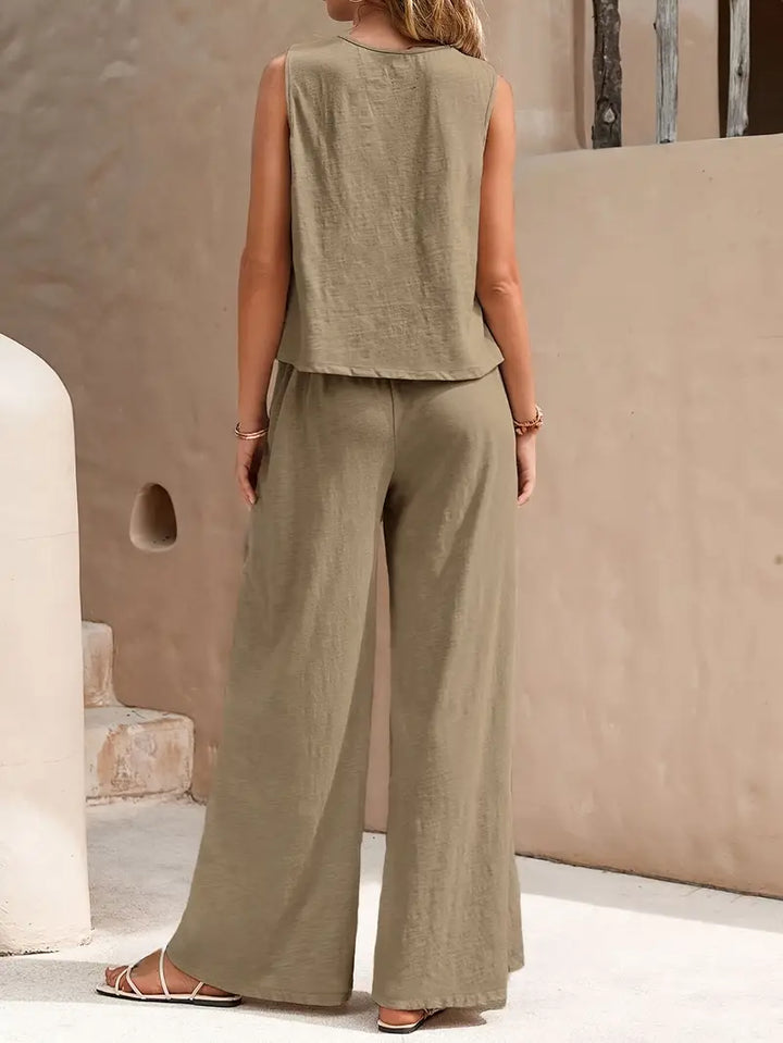 Ensemble deux pièces pour femme en mélange de lin, avec débardeur sans manches et pantalon à jambes larges