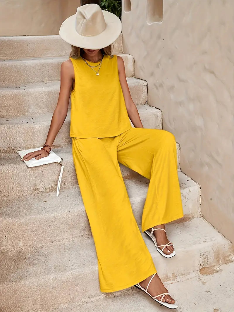 Ensemble deux pièces pour femme en mélange de lin, avec débardeur sans manches et pantalon à jambes larges