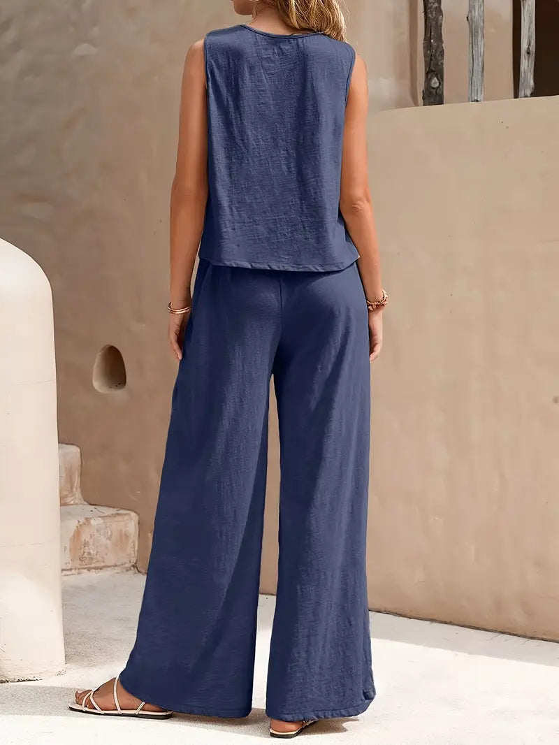 Ensemble deux pièces pour femme en mélange de lin, avec débardeur sans manches et pantalon à jambes larges