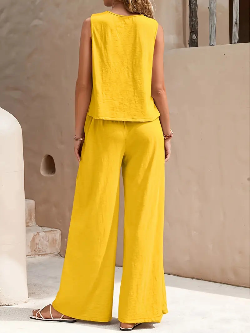 Ensemble deux pièces pour femme en mélange de lin, avec débardeur sans manches et pantalon à jambes larges