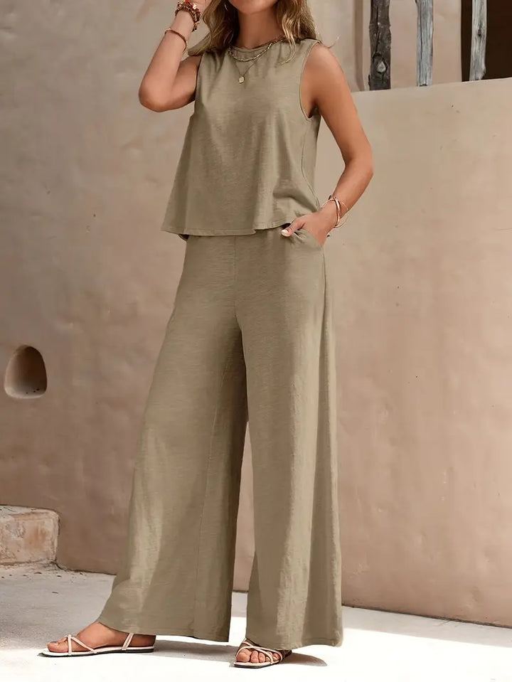 Ensemble deux pièces pour femme en mélange de lin, avec débardeur sans manches et pantalon à jambes larges