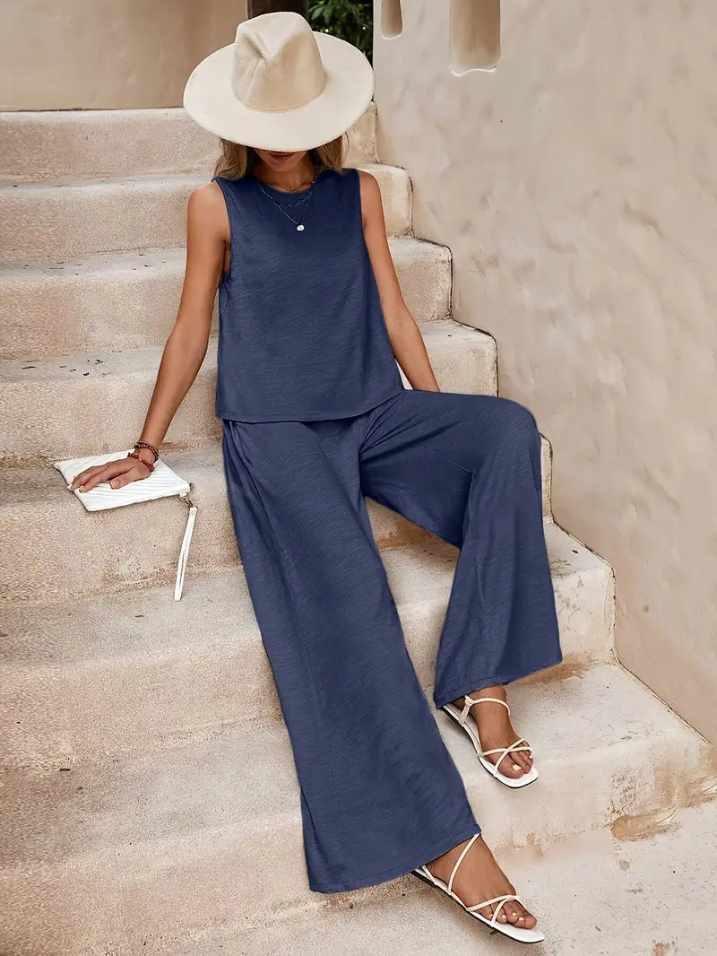 Ensemble deux pièces pour femme en mélange de lin, avec débardeur sans manches et pantalon à jambes larges