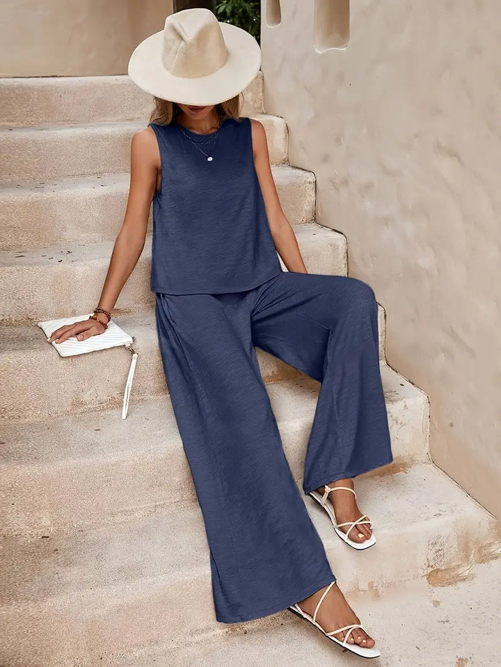 Ensemble deux pièces pour femme en mélange de lin, avec débardeur sans manches et pantalon à jambes larges
