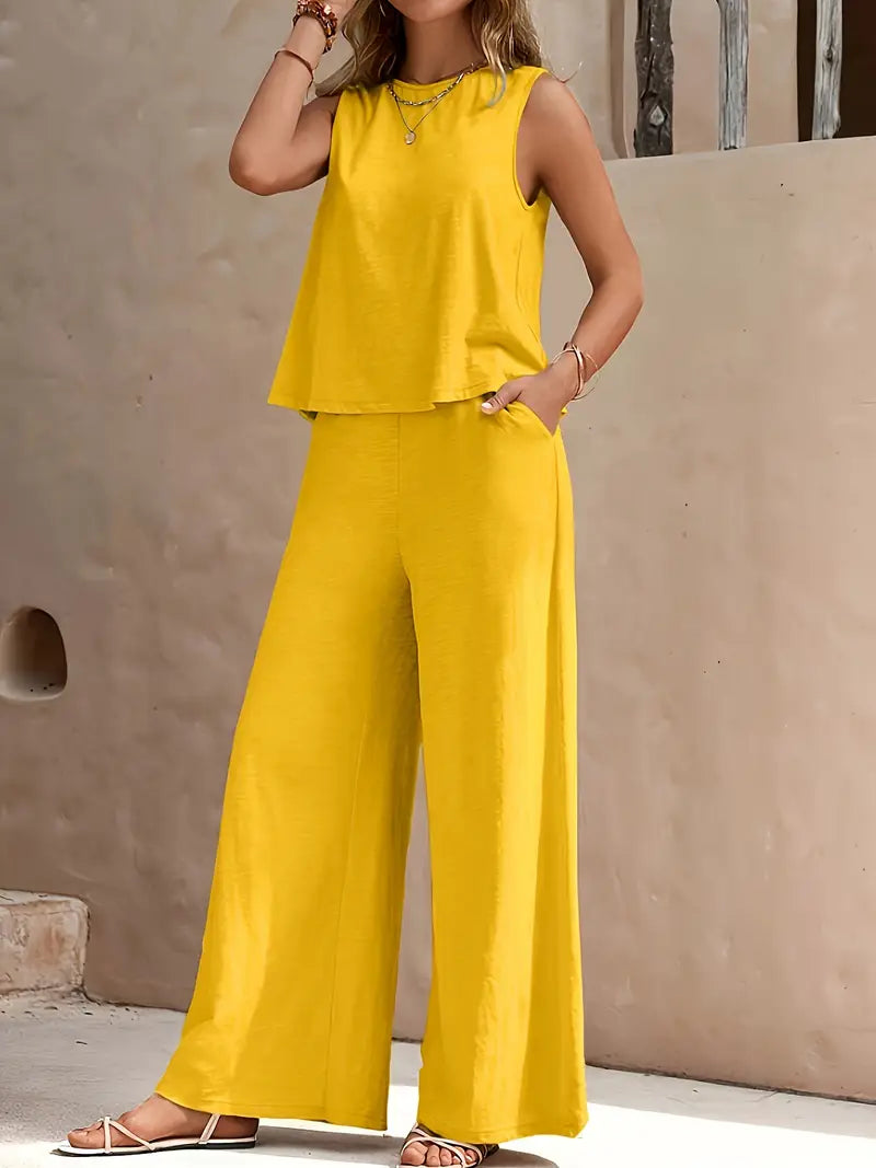 Ensemble deux pièces pour femme en mélange de lin, avec débardeur sans manches et pantalon à jambes larges