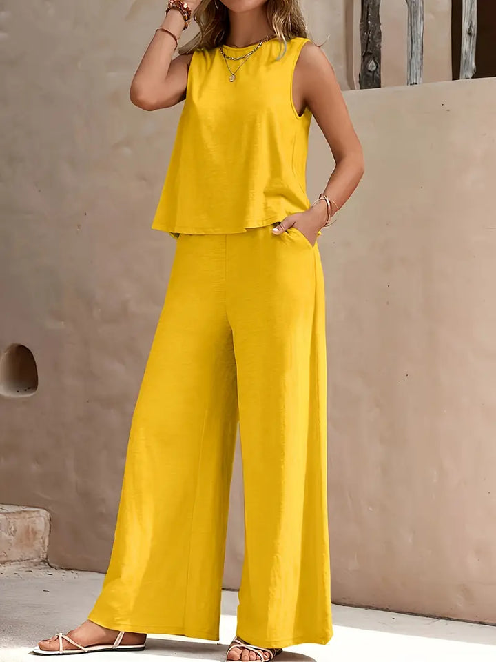 Ensemble deux pièces pour femme en mélange de lin, avec débardeur sans manches et pantalon à jambes larges