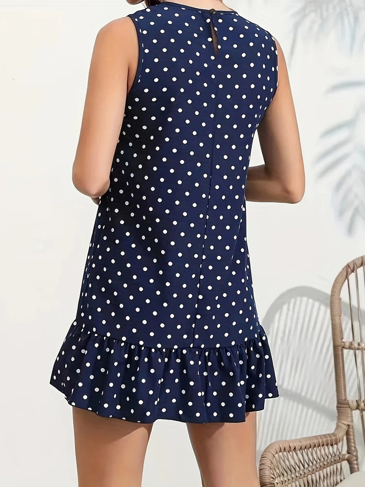Robe droite sans manches en lin à pois pour femme avec ourlet à volants