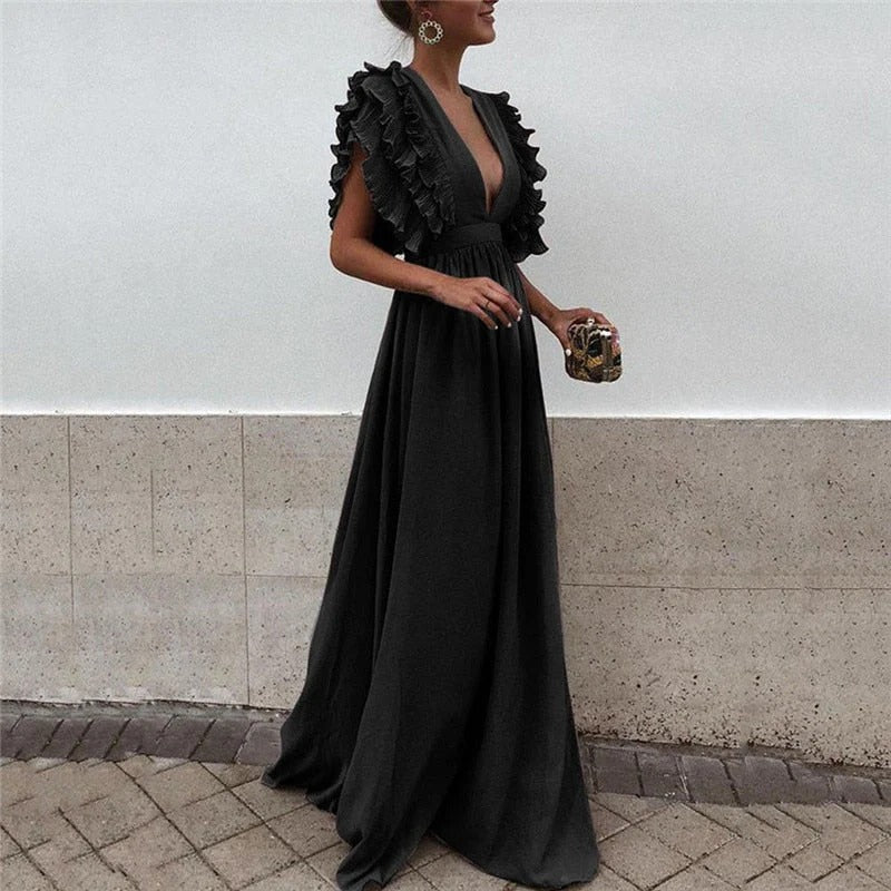 Women's V-Neck Ruffle Linen Maxi Dress