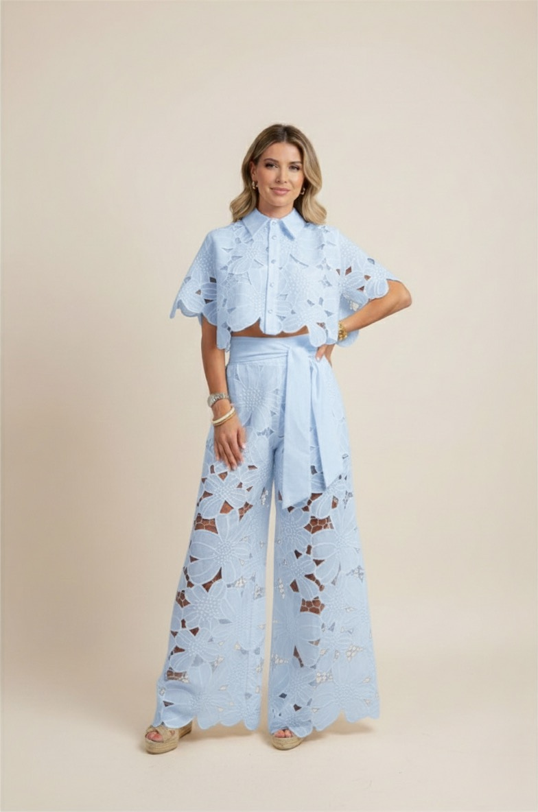 Women's Floral Cut Out Embroidery Two-Piece Linen Wide Leg Pant Set