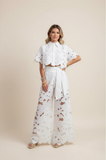 Women's Floral Cut Out Embroidery Two-Piece Linen Wide Leg Pant Set