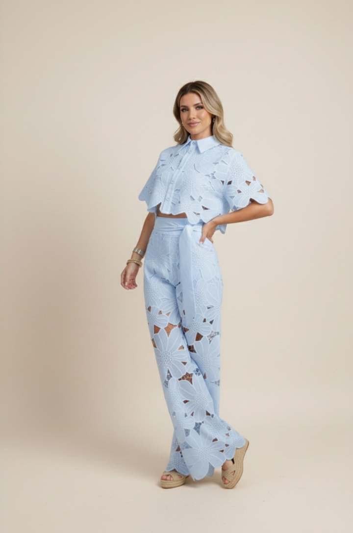 Women's Floral Cut Out Embroidery Two-Piece Linen Wide Leg Pant Set
