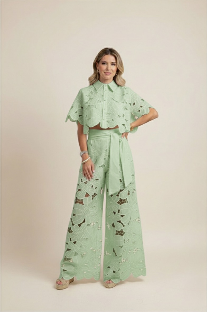 Women's Floral Cut Out Embroidery Two-Piece Linen Wide Leg Pant Set
