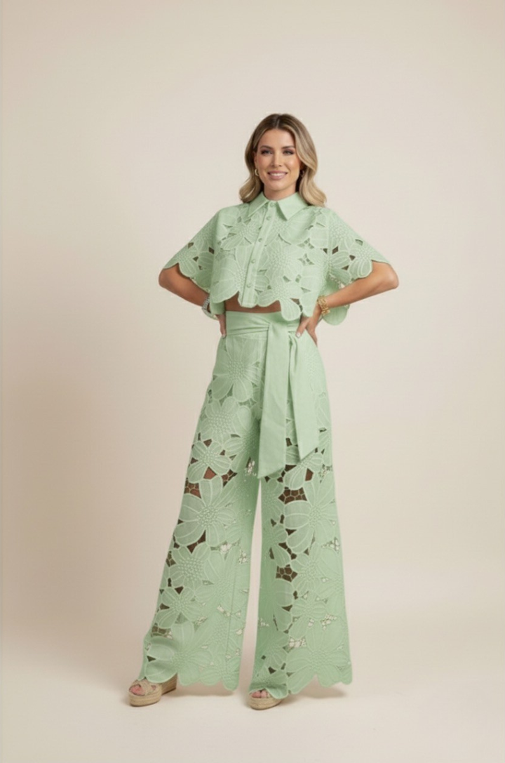 Women's Floral Cut Out Embroidery Two-Piece Linen Wide Leg Pant Set