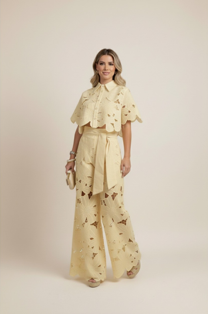 Women's Floral Cut Out Embroidery Two-Piece Linen Wide Leg Pant Set
