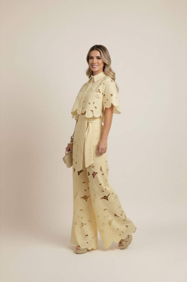 Women's Floral Cut Out Embroidery Two-Piece Linen Wide Leg Pant Set