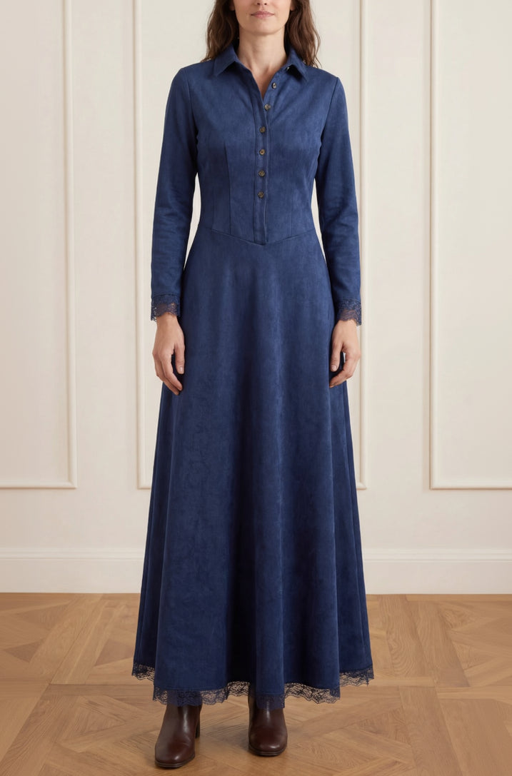 Women’s Suede Shirt-Collar Lace-Trim Maxi Dress